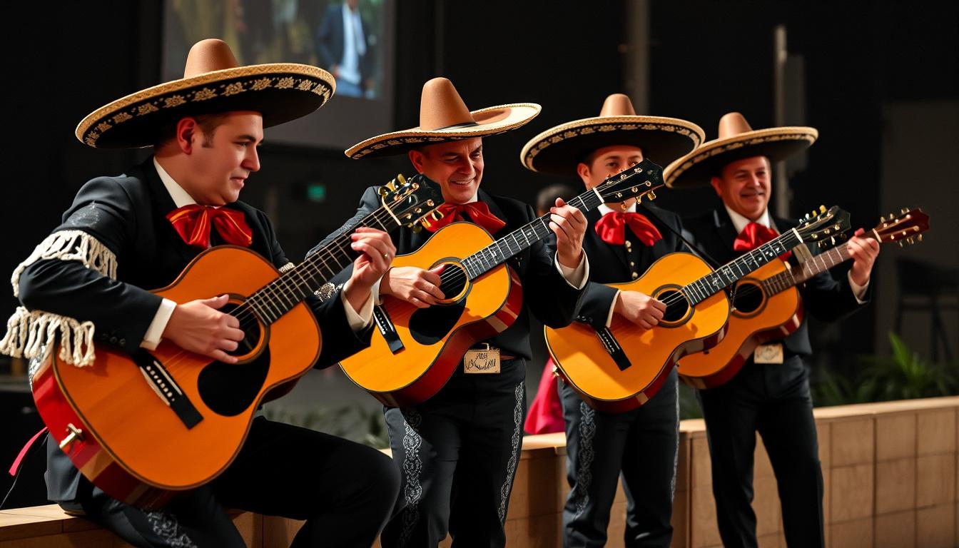 Main art studio: Quiero una imagen de 5 Mariachis tocando la guitarra mirando defrente. Personajes bonitos