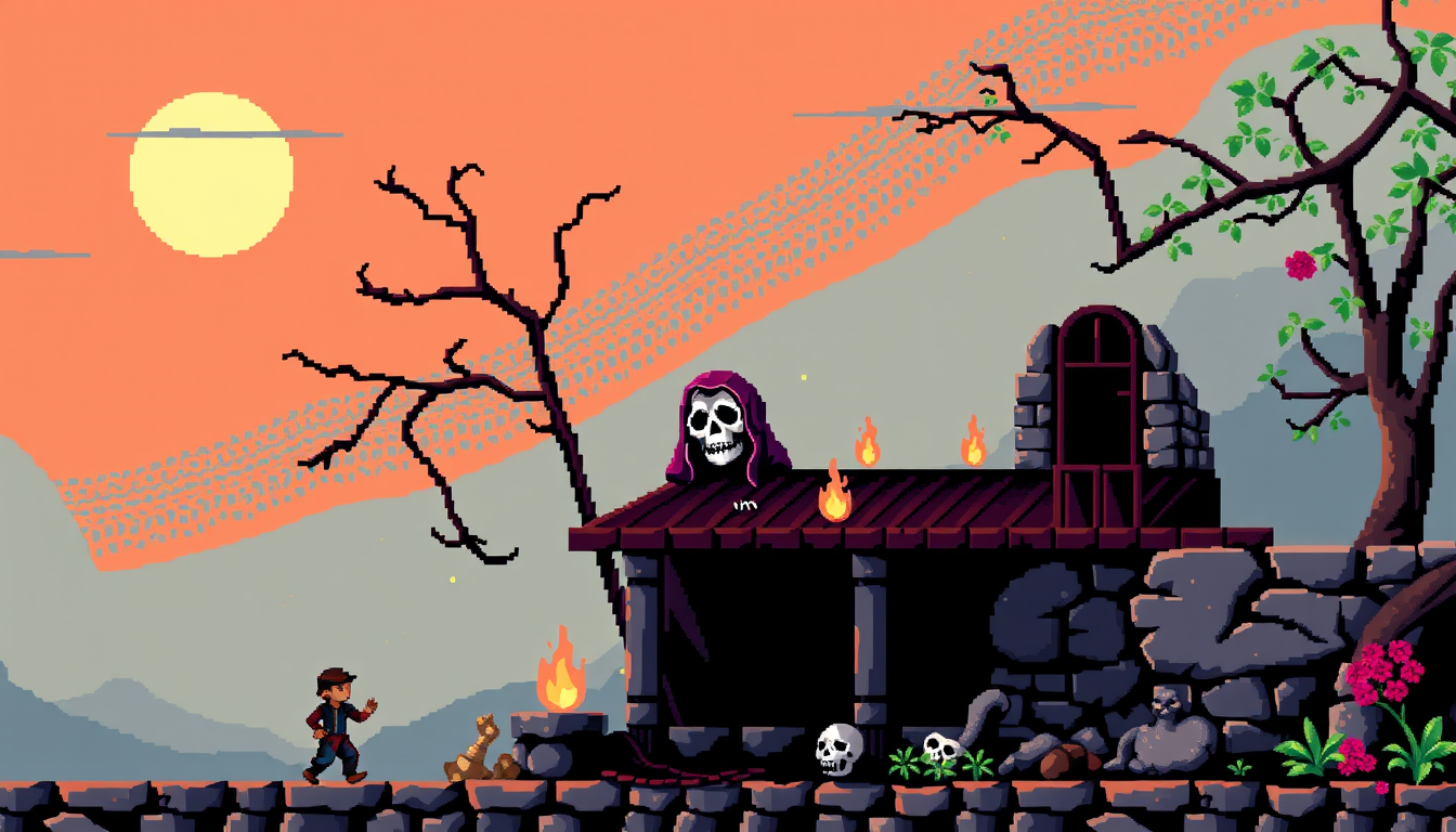 AI Pixel Art idea created from the prompt: pixel art, 32x32 sprite scale, limited palette, retro 16-bit game art, La muerte , crisp pixel perfect, indie-game aesthetic