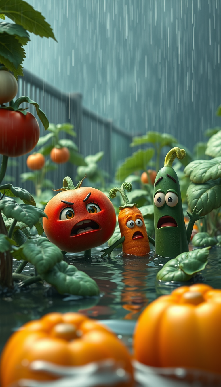 Main art studio: Flooding vegetable garden during a heavy storm, water flowing between vegetable plants, cute tomato Toto looking frightened, Gaju carrot and cucumber