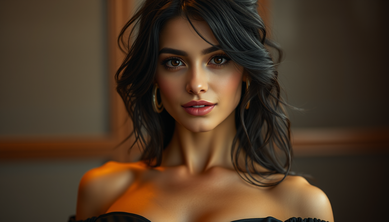Main art studio: Photorealistic fictional 25-year-old woman, long messy dark waves, warm brown eyes, warm-toned skin, full bust, defined waist, rounded hips and natura