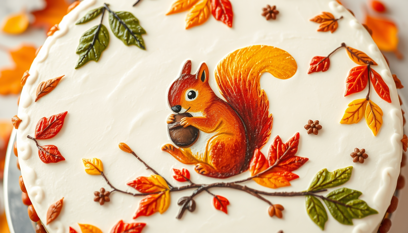 Main art studio: An autumn birtday cake that it is painted with leaves and in the centre a squirrel that eats a nut. The squirrel also painted