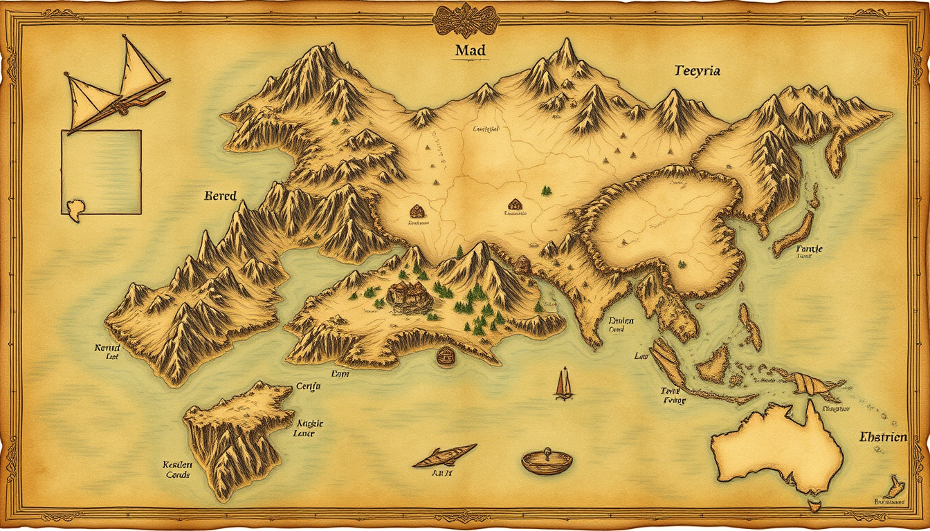 Fantasy Maps idea: fantasy world map, hand-drawn cartography, aged parchment, mountains forests and coastlines, Un mapa político donde hayan biomas inexistentes, biomas