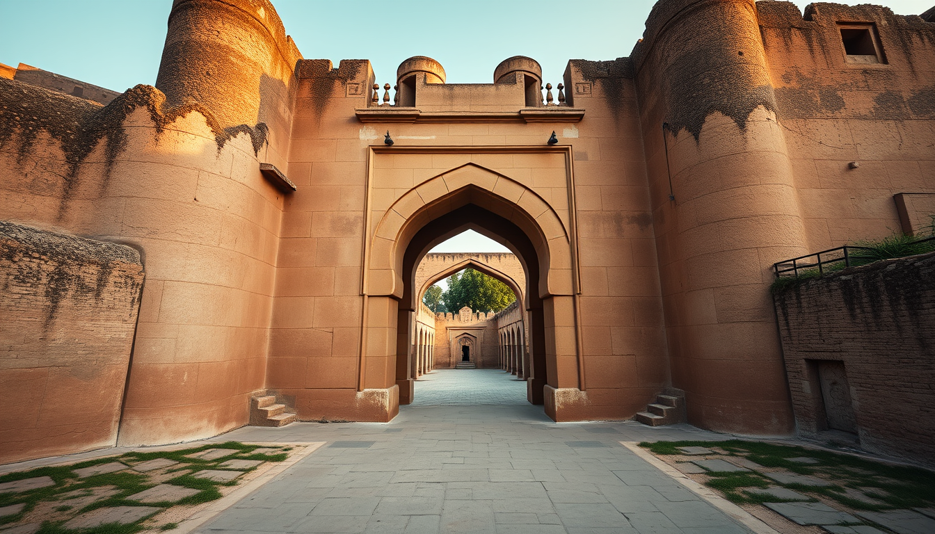Main art studio: Front view of the ancient main stone entrance of Bhangarh Fort, Rajasthan, weathered sandstone archway, old fort walls, empty pathway leading inside,