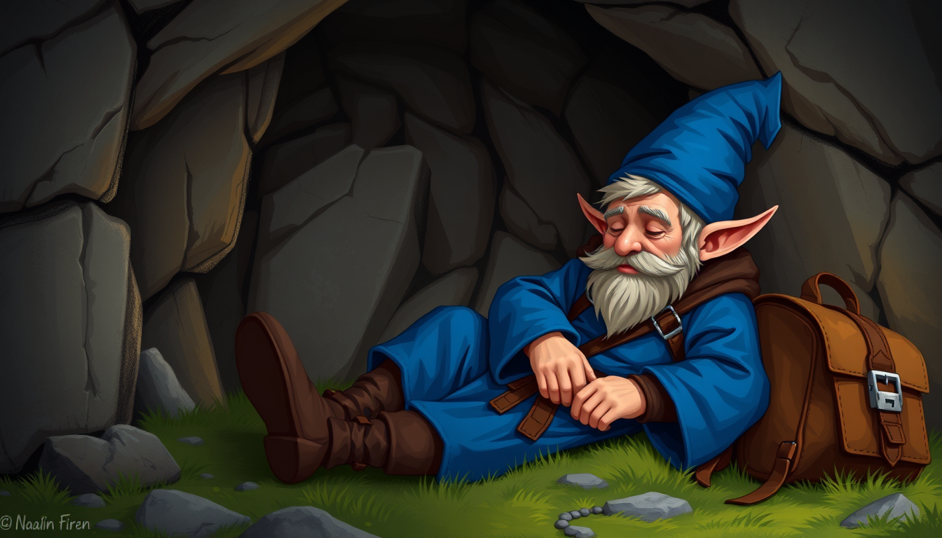 Main art studio: create a picture of a halfling wizard dressed in blue robes and blue hat sleeping near a cave with backpack next to him