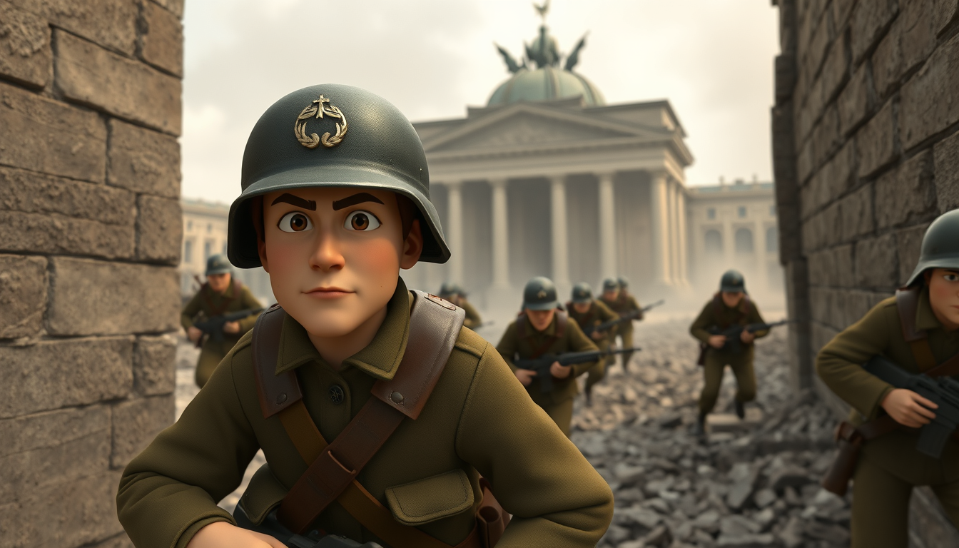 Main art studio: Cinematic stylized 3D animated depiction of Soviet Red Army infantry fighting to secure the area around the Reichstag in Berlin, late April 1945, recu