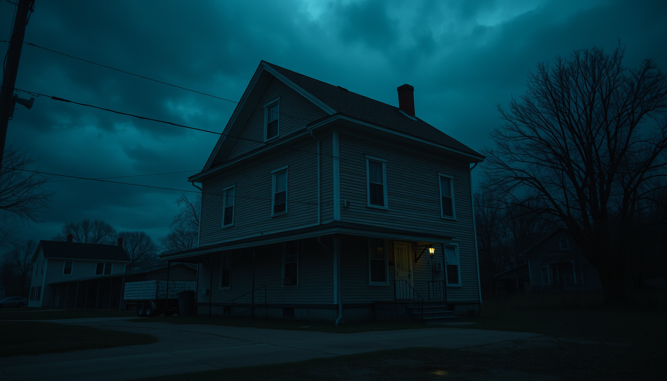 AI Art prompt example created from the prompt: A realistic old three-story rental house at midnight, dark cloudy sky, dim yellow light near the entrance, slightly wet ground, lonely and u