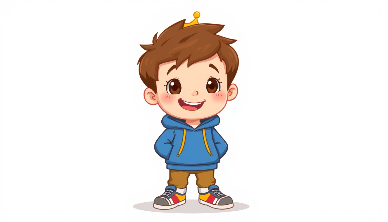 Main art studio: Zeke, a cheerful 6-year old boy in a warm nostalgic 1990s preschool cartoon style. Brown hair, big brown eyes, friendly smile, adventurous and curious