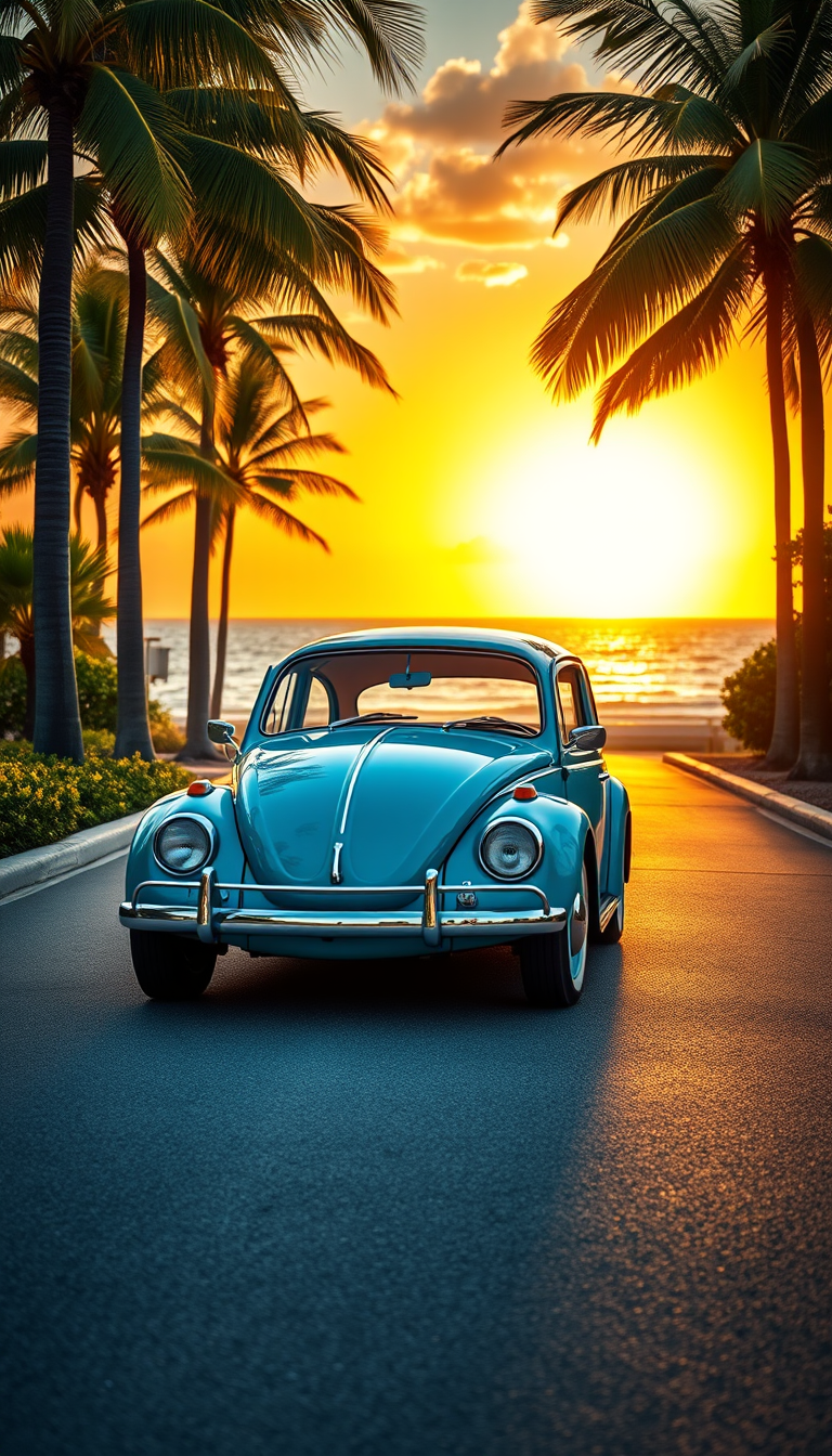 Main art studio: Ultra-realistic 4K vertical mobile wallpaper of a beautifully restored 1963 Volkswagen Beetle, brilliant turquoise-blue paint, iconic rounded body, ch