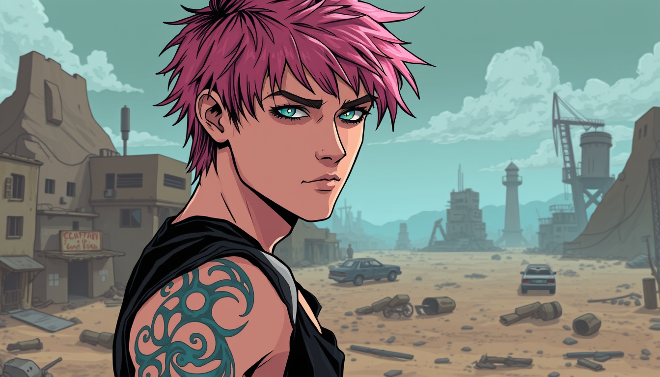 Main art studio: a grungy illustrated portrait of a pretty guy with shaggy pink hair and fair skin. he wears a black tank top and has swirling, glowing blue tattoos on