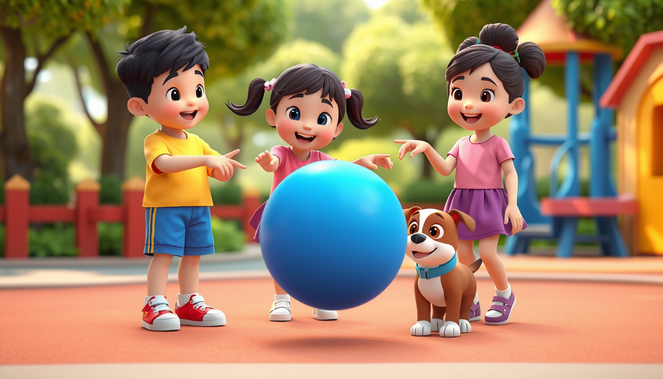 Main art studio: Aru, Mia and Bobo together in the same colorful children's park. Aru, the cute boy wearing a yellow shirt, blue shorts and red shoes; Mia, the cute gi