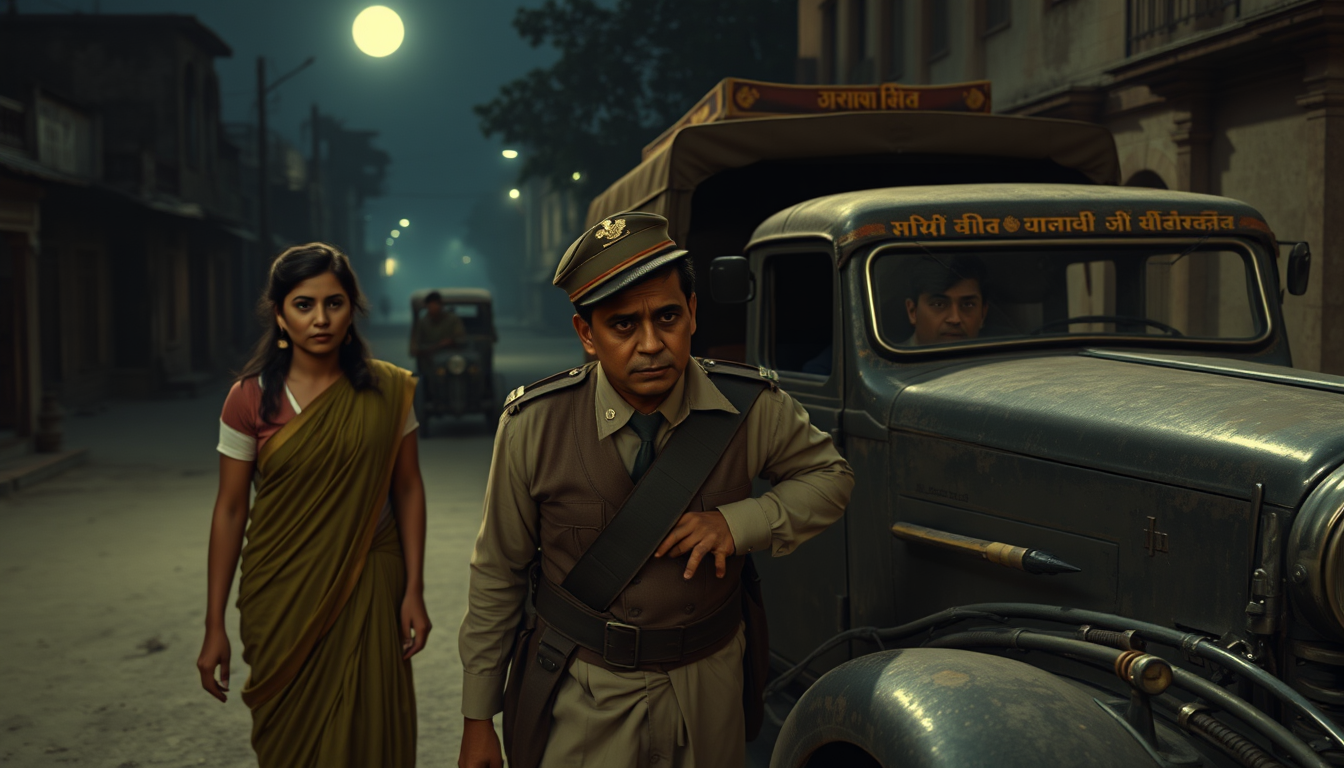 Main art studio: Ultra photorealistic cinematic 4K historical reconstruction, Neera Arya standing in shock after a violent confrontation, Netaji Subhas Chandra Bose be