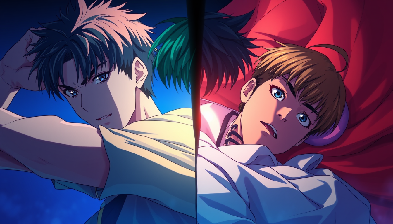 Anime idea: anime style, vibrant colors, expressive eyes, Split visual of same character man exercising intensely on one side and lying distracted on the other, c