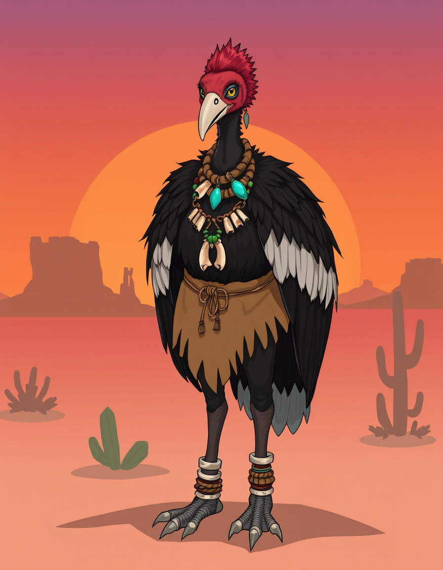 Main art studio: Furry OC, Anthropomorphic turkey vulture character, male femboy, slender build, dark brown-black plumage with silvery-gray flight feathers, bald red h
