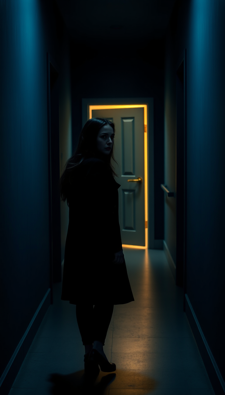 Main art studio: The same young woman with long dark hair, wearing the same black coat, walking slowly through the same dark blue hallway. She suddenly stops and looks