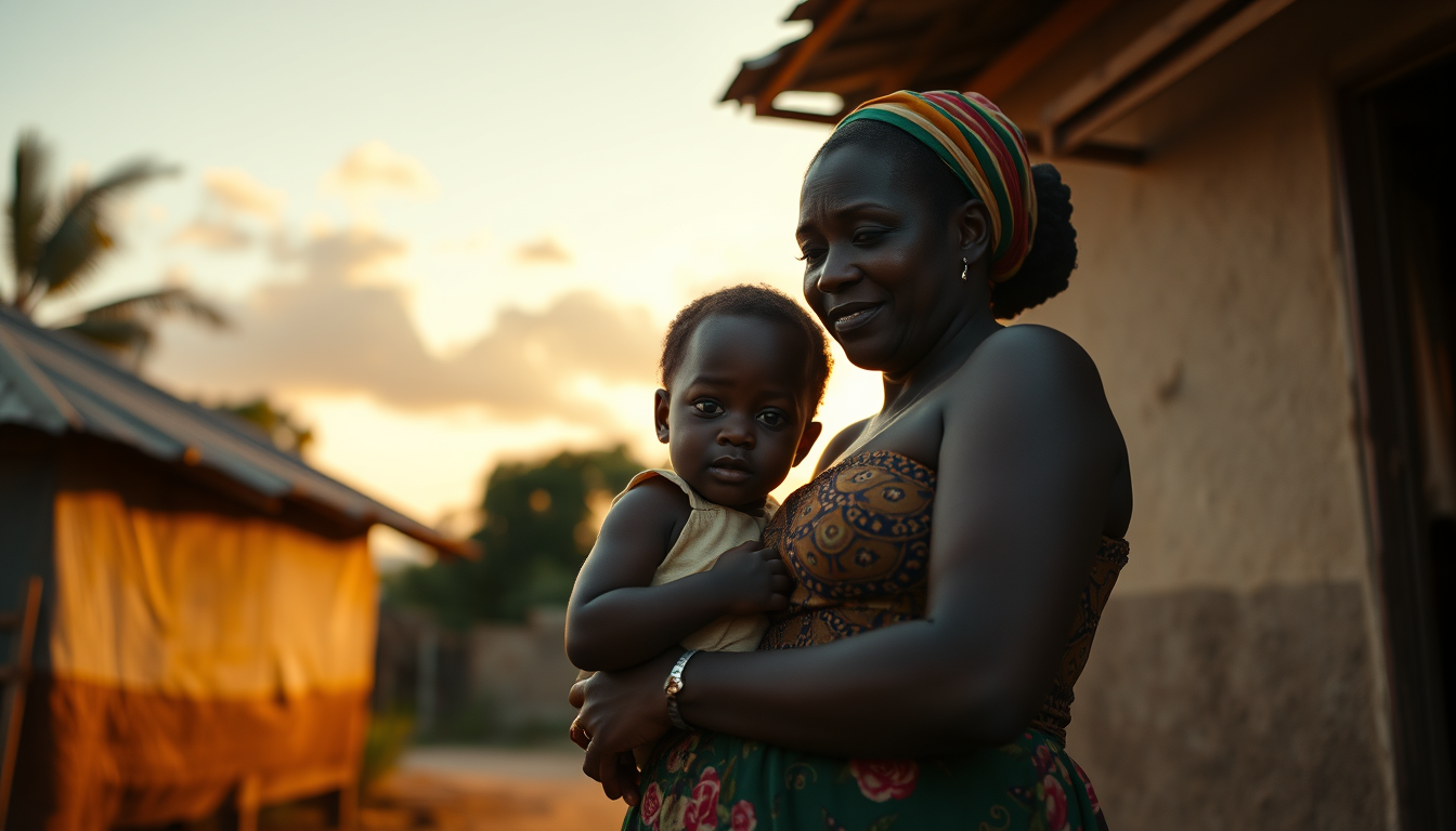 AI Art prompt example created from the prompt: “Li te toujou di manman l: ‘Yon jou, m ap fè lavi nou pi bon.’ ❤️🇭🇹” Prompt: Haitian mother and child standing together outside their mode