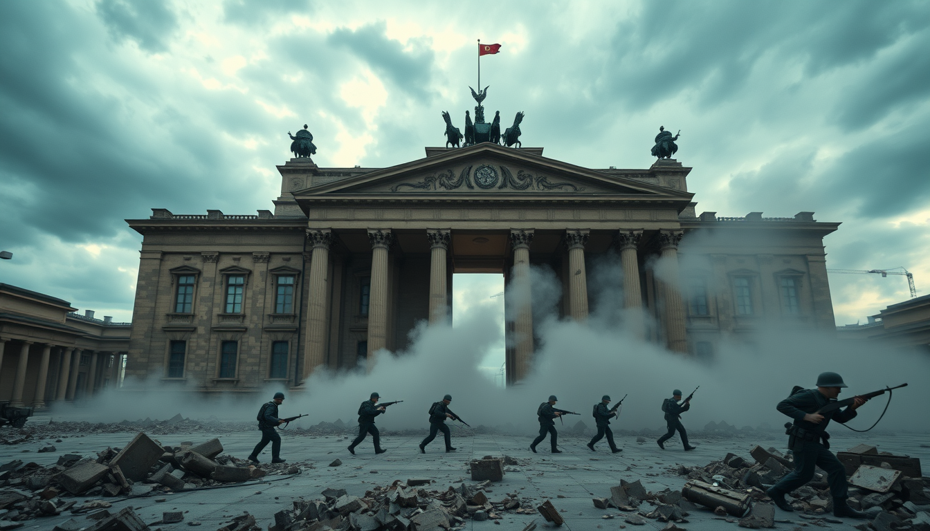 Main art studio: Epic cinematic 3D animated historical reconstruction of the Reichstag building in Berlin during the final days of April 1945, monumental historic faca