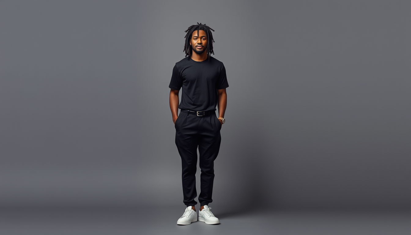 Characters idea: an original character defined by silhouette, role, outfit, palette, and expression, deliberate composition, Black male, lil stomach, not fat, neat dre