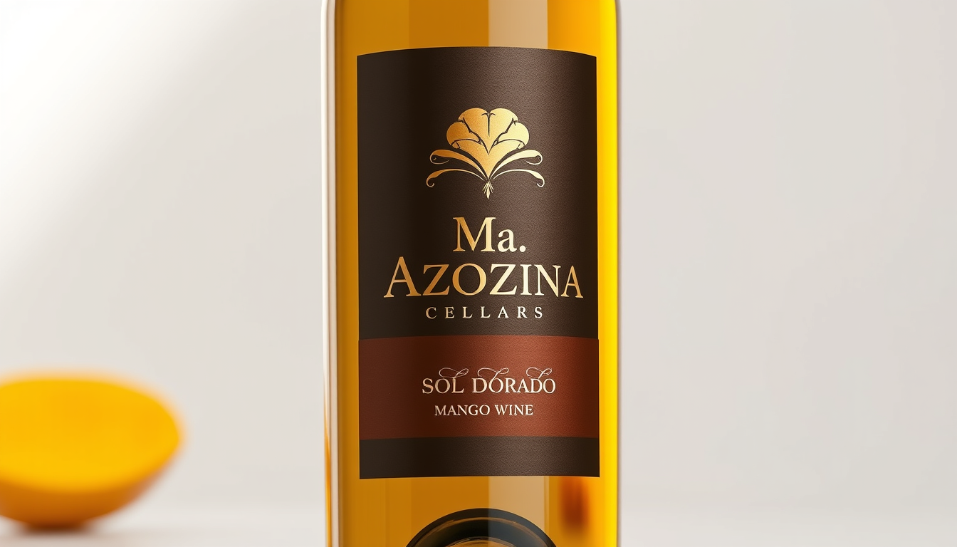 AI Art prompt example created from the prompt: Ultra realistic luxury wine bottle render: Ma. Azozina Cellars “Sol Dorado” mango wine in a sleek 750mL transparent Bordeaux bottle. Crystal