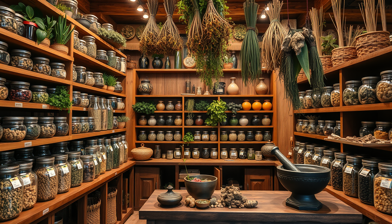 Main art studio: "A beautiful traditional Persian herbal shop interior, wooden shelves filled with colorful dried herbs, spices, roots, and flowers in glass jars, mort