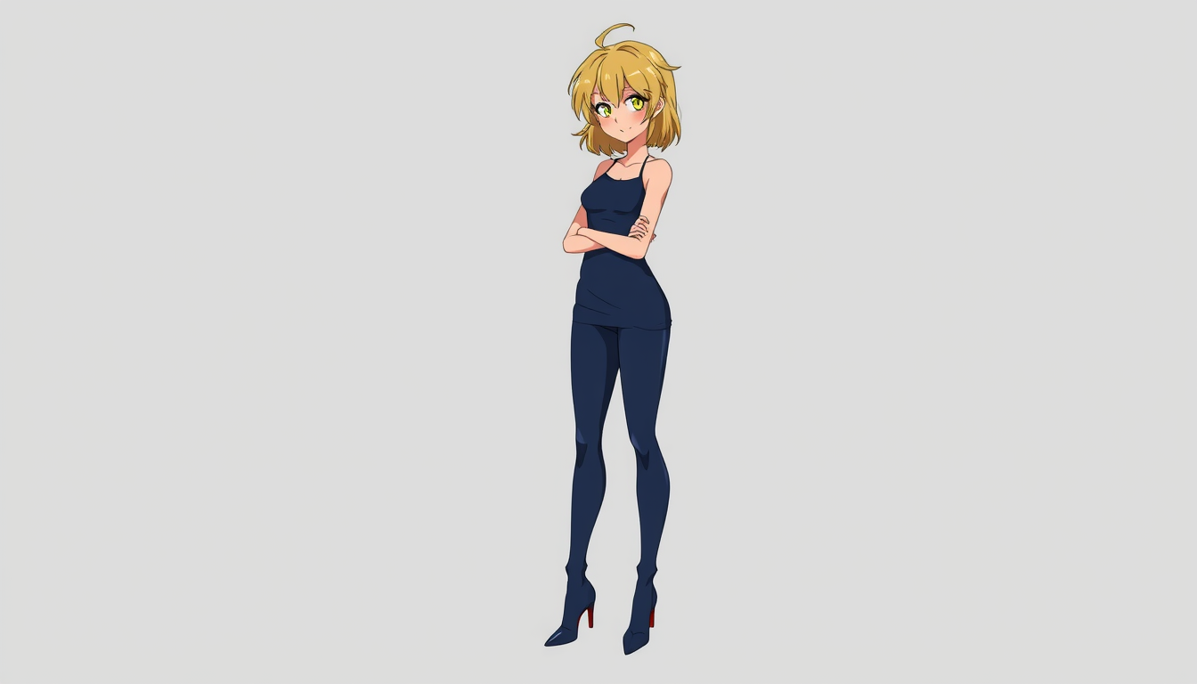 Main art studio: ANIME WITH NO SHADING. MAKE HER STAND. MAKE HER HAIR BLONDE & MESSY. MAKE HER EYES YELLOW. MAKE HER SKIN PEACH PALE. MAKE HER WEAR DARK BLUE COLOURED