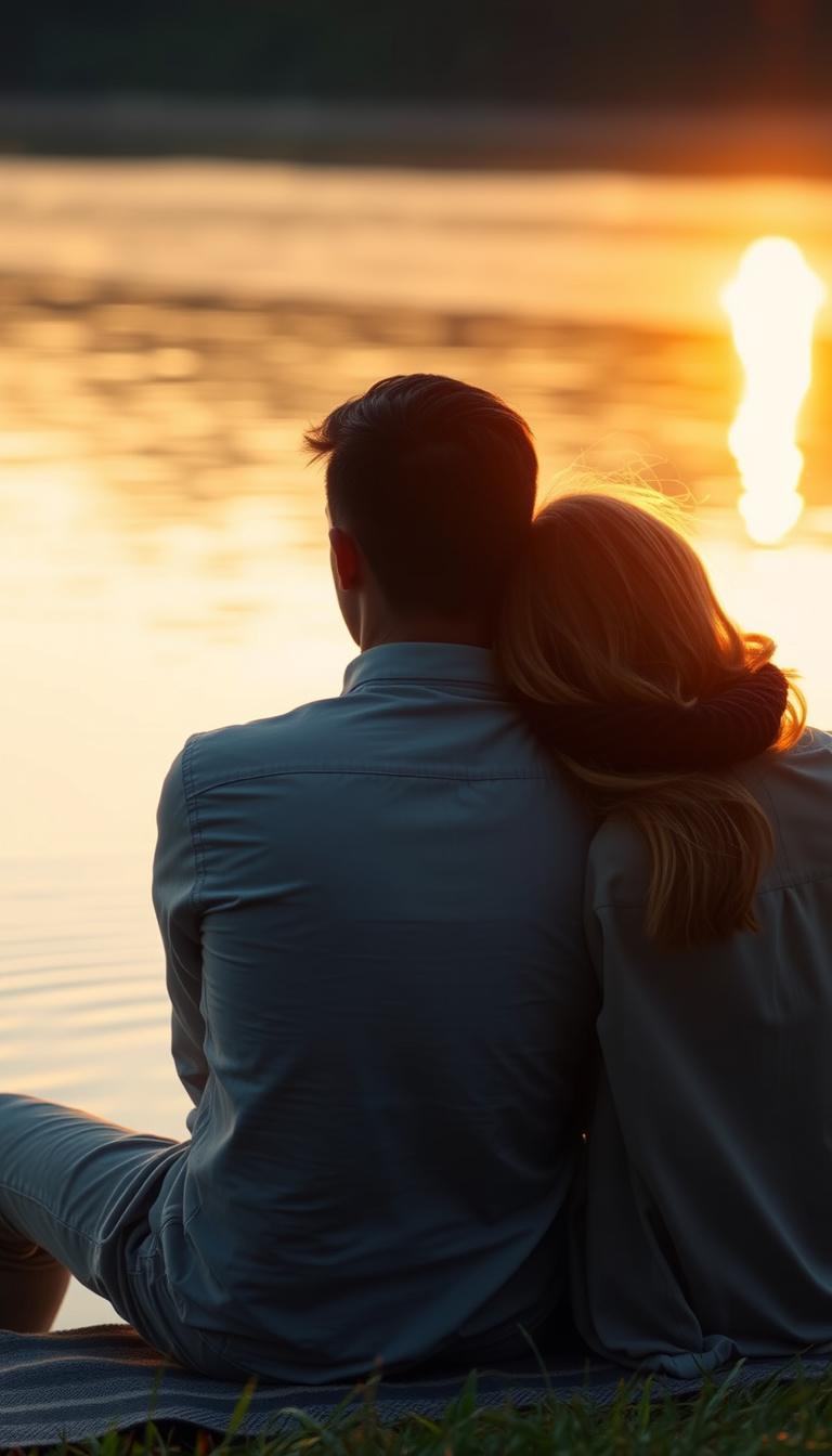 Main art studio: A couple sits together watching the sunset over a calm lake. The woman gently rests her head on the man's shoulder while a soft breeze moves their hai