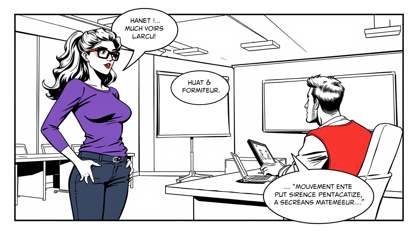 AI Comic idea created from the prompt: comic panel, bold inks, halftone shading, speech-bubble ready composition, La Stagiaire • Apparence : Cheveux châtains ondulés, haut violet,