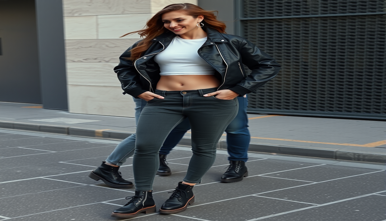 Main art studio: A gorgeous female model wearing the exact clothing from the reference image, walking through a stylish urban street. Natural walking motion, realistic