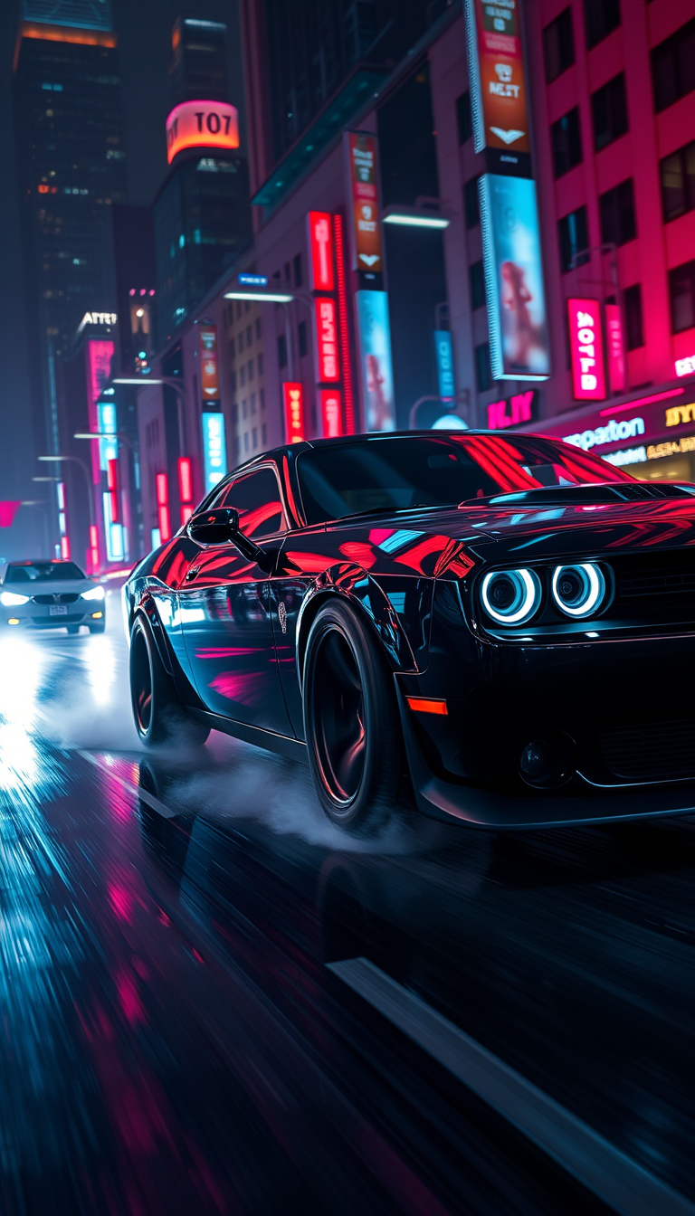 Main art studio: Vertical 9:16 mobile wallpaper, black Dodge Challenger racing through a neon-lit city at midnight, red and blue reflections across glossy bodywork, we