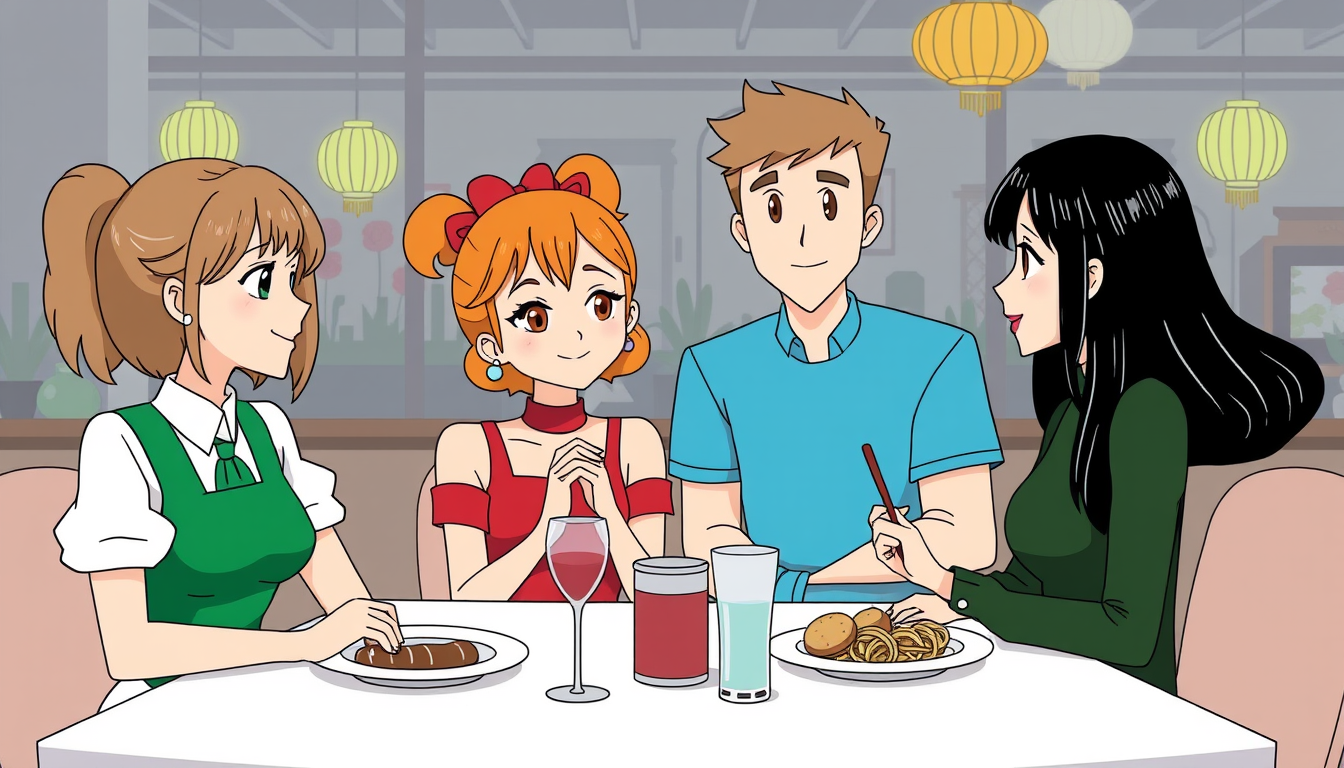 AI Art prompt example created from the prompt: Three girls and one boy should decide if they meet in an Italian restaurant or in an Oriental restaurant and cannot come up with a decision