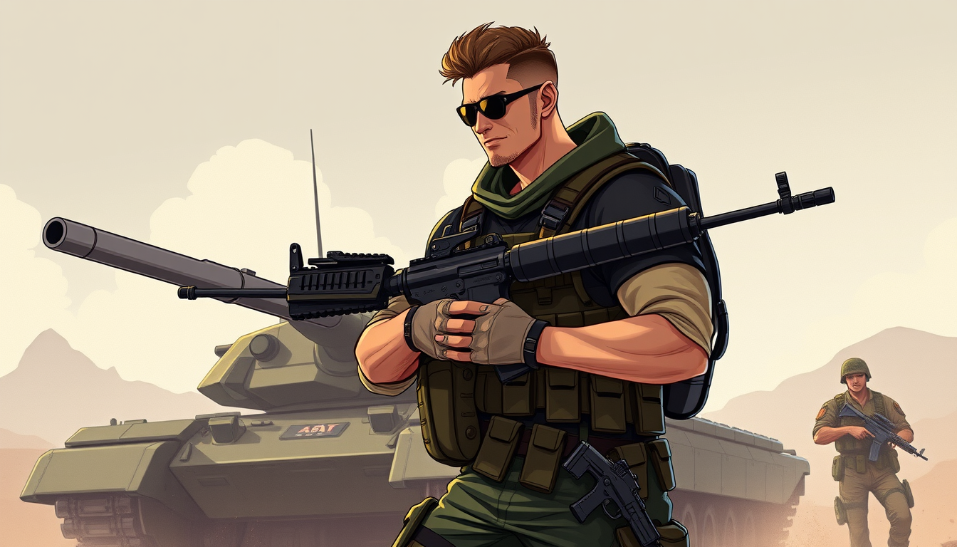 Characters idea: an original character defined by silhouette, role, outfit, palette, and expression, deliberate composition, a fit muscular soldier with a machine gun