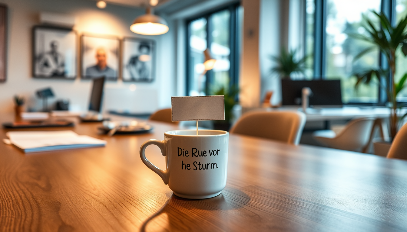 Main art studio: Bild erstellen LinkedIn-Foto, authentisches deutsches Büro in der Sommerurlaubszeit, fast leerer Arbeitsplatz (keine mitarbeiter), warme natürliche Be