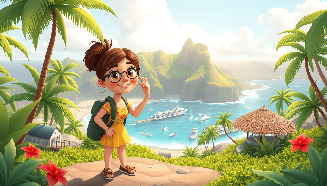 Main art studio: 3d Cartoon Hawaii thumbnail for YouTube say Chloe exploring mid 20s say traveling to Hawaii