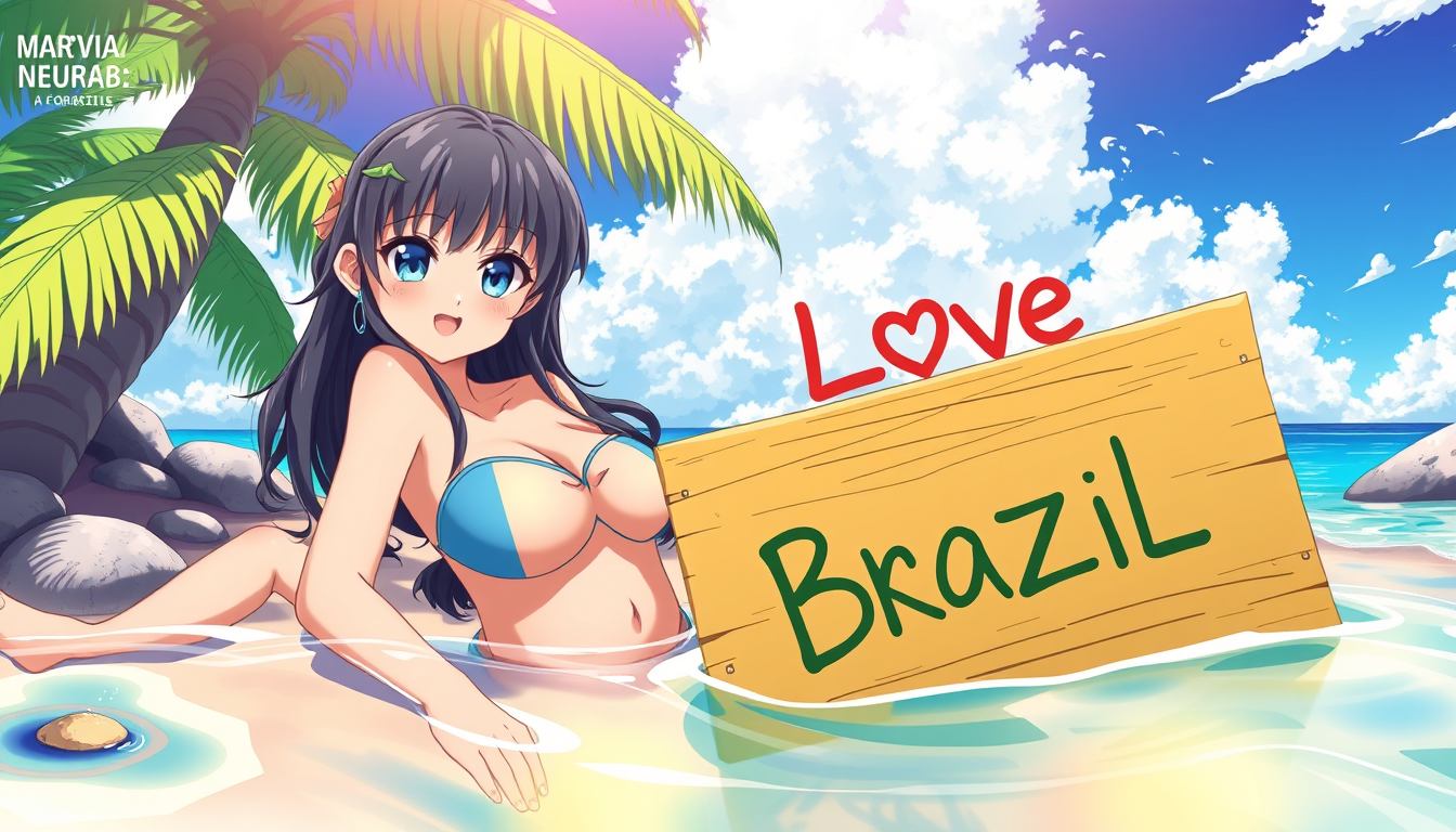 Anime idea: anime style, vibrant colors, expressive eyes, consegue colocar um personagem de anime numa praia de nudismo com uma placa escrito love Brasil , detail