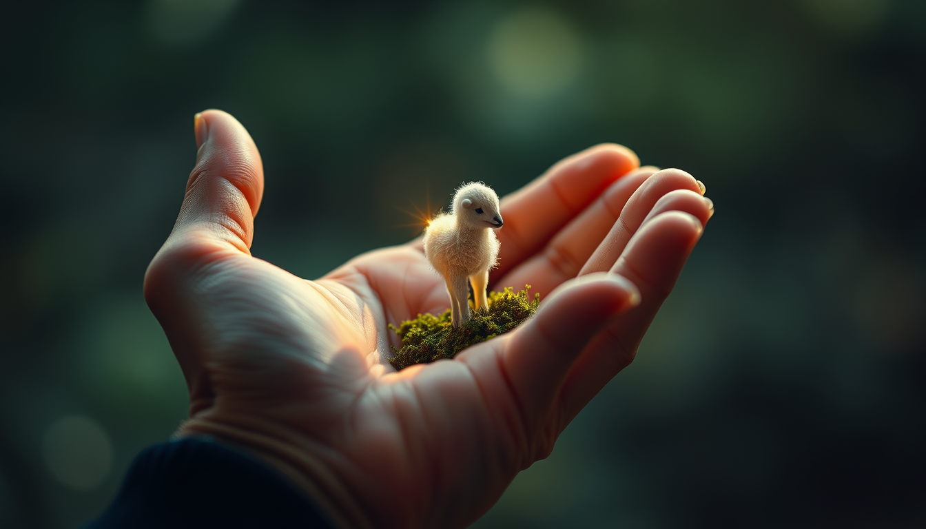 Main art studio: Eine menschliche Hand hält einen kleinen, leuchtenden Samen. Aber aus dem Samen wächst kein Baum. Es wächst eine komplette zukünftige Welt: Und gleich