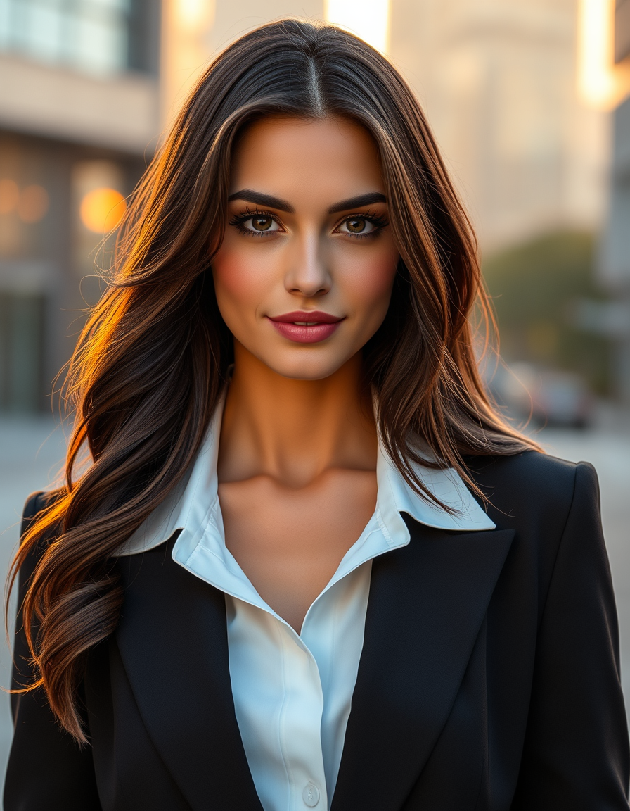 Main art studio: Photorealistic portrait of Elena Voss, a fictional adult AI fashion model. Beautiful natural feminine face, long dark brown wavy hair, brown eyes, sof