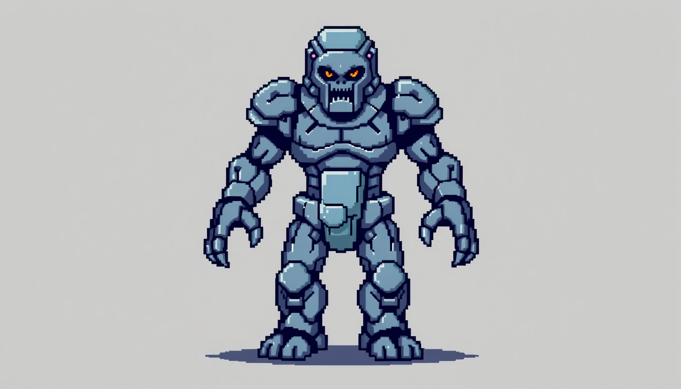 AI Art prompt example created from the prompt: Pixel art sprite of a stone golem for a 16-bit SNES-style JRPG battle, front view, full body standing, about 56 pixels tall on a 64x64 trans