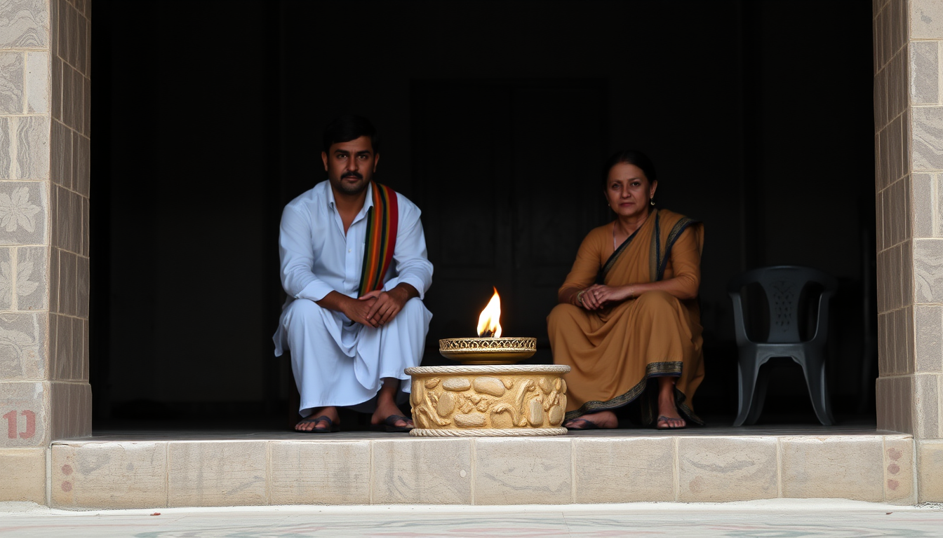 Main art studio: 🎬 सीन 5 — खुशहाल अंत वही ग्रामीण युवक सफेद कुर्ता और नीली धोती पहने हुए अपने खेत में खड़ा है, पास में वही बुजुर्ग किसान और युवक का परिवार खुशी से मुस