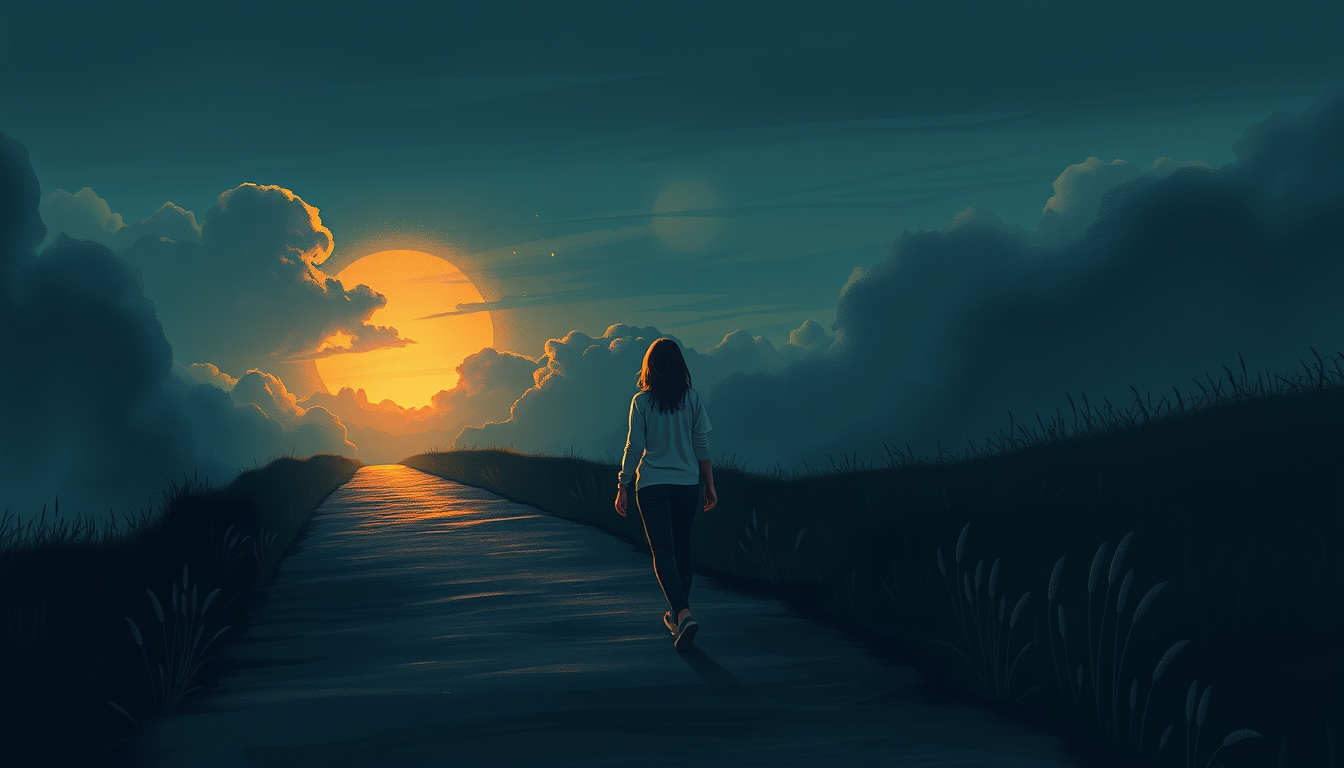 Main art studio: Ilustración realista de una persona dejando atrás un camino oscuro y caminando hacia un amanecer. A un lado se observan sombras que representan el con