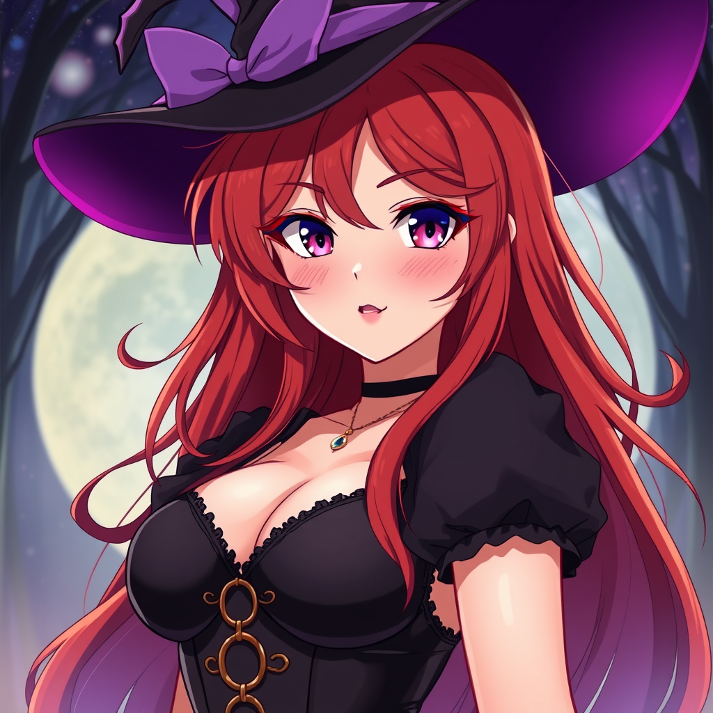 Anime idea: anime style, vibrant colors, expressive eyes, sexy 30 years old curvy witch full body redhair , detailed anime illustration