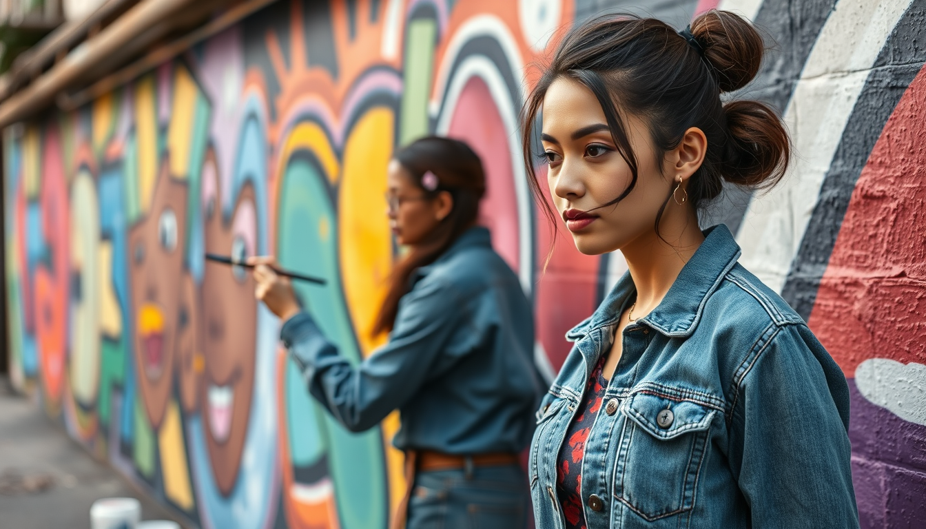 Main art studio: Same female street artist painting a colorful street mural. Smooth natural brush movement, realistic paint strokes, cinematic camera movement. Continu