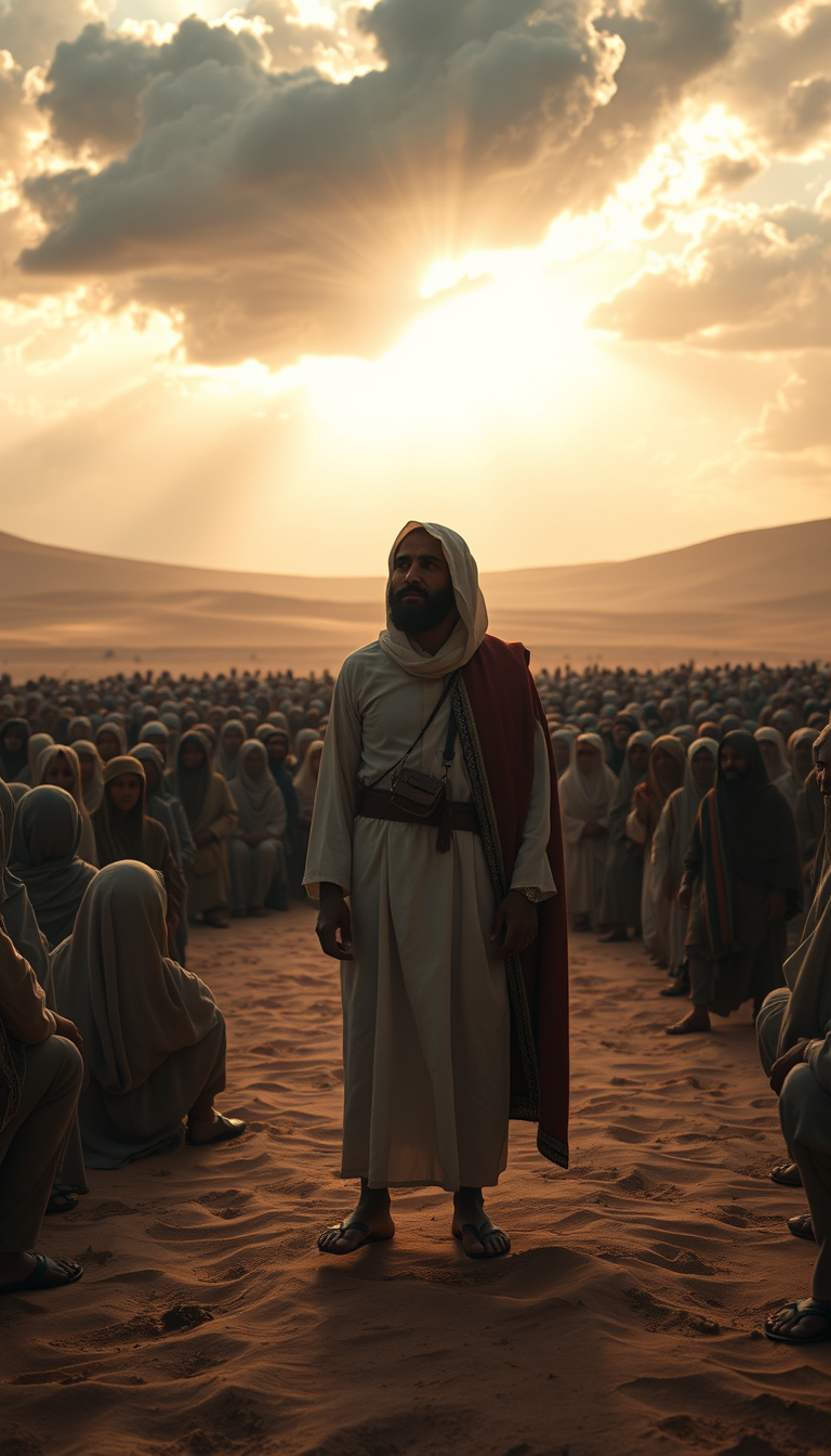 Main art studio: Cinematic Islamic scene inspired by the seven people granted shade on the Day of Judgment. A just ruler stands humbly among terrified crowds, while a
