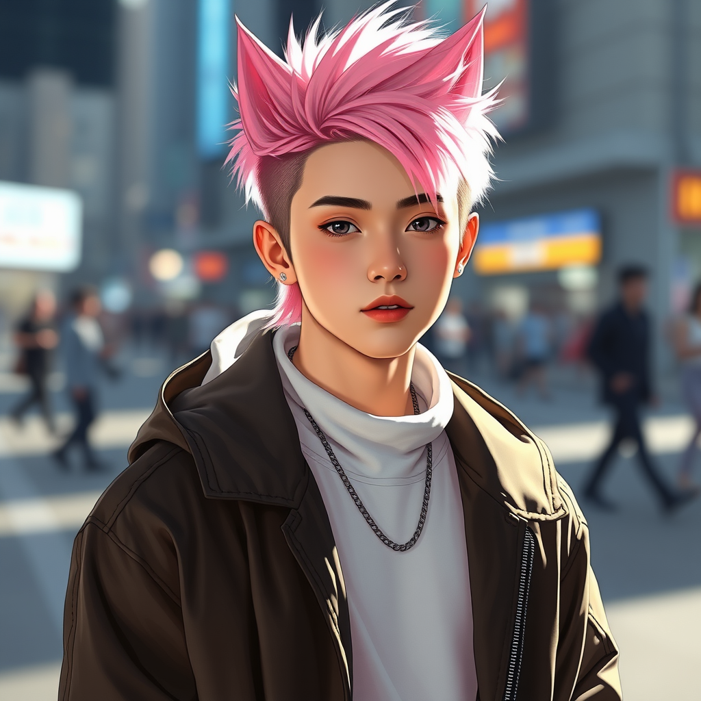 AI Art prompt example created from the prompt: Create a pic for my Kpop OC (half japanese half korean): cute, looks like a twink, still ripped; most of the time bubblegum pink hair in a m