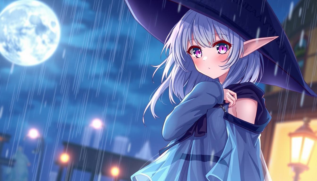 Anime idea: anime style, vibrant colors, expressive eyes, Anime girl elven at night transparent clothing rain full body , detailed anime illustration
