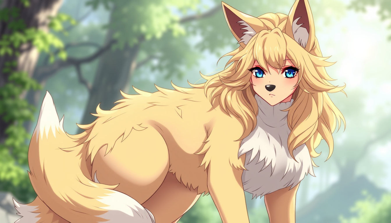 Main art studio: An anime styled full body Female adult humanoid kitsune with a voluptuous body, wavy blonde hair, blue soft eyes, sun kissed skin