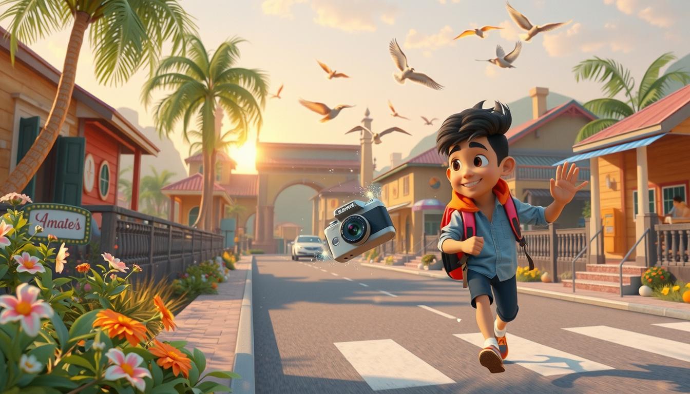 Main art studio: The smart camera gently flies out of Amir's backpack while sparkling magical particles surround it. Amir smiles happily and waves. Birds fly across th