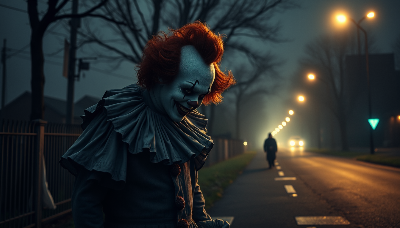 Main art studio: Killerclown am ende einer dunklen straße viel tote menschen auf der straße und manche an bäumen und ich muss es malen können