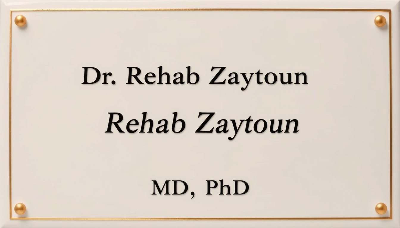 Main art studio: Luxury sugar-paste cake plaque, elegant serif typography, ivory background with thin gold border. Exact text only: “Dr. Rehab Zaytoun” large, “MD, PhD