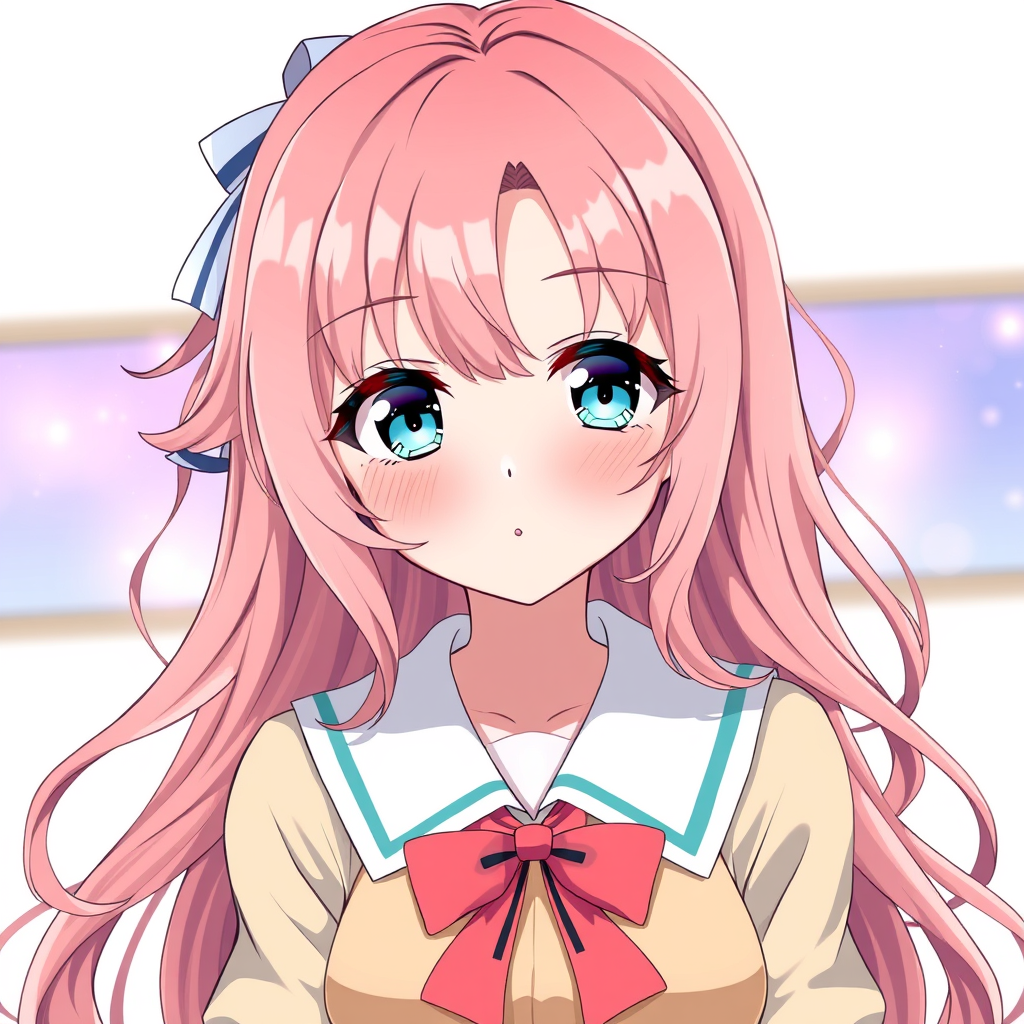 Anime idea: anime style, vibrant colors, expressive eyes, Generate an anime girl image with these choices: Rose blonde hair, Teal eyes, Cute school uniform, Elega