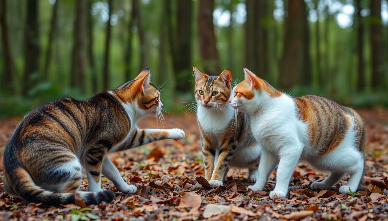 Main art studio: Viele Katzen streiten und kämpfen gegeneinander im Wald