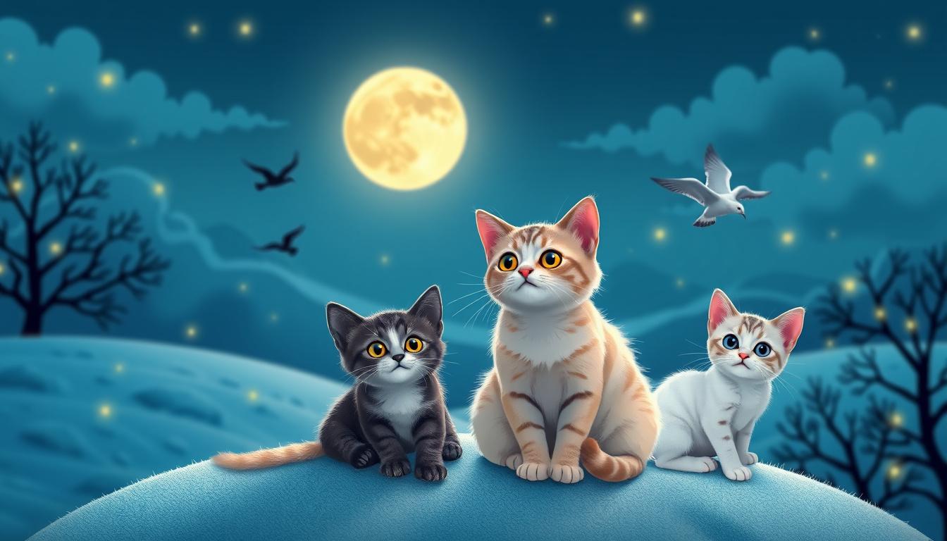 Main art studio: create cute cats on ballcony with moon lights and narture nights skys and cute moments saide similing and one cats with seeing moon lights and birds